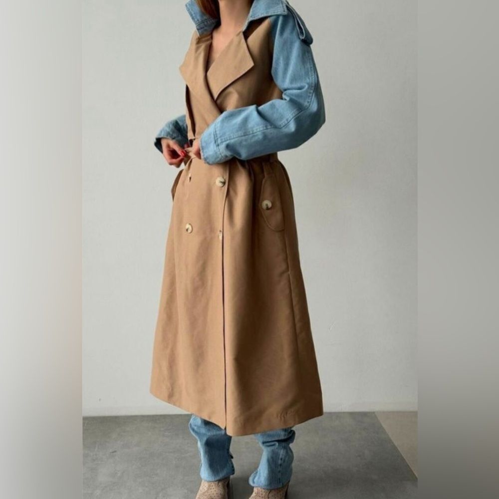 032. Trench Coat Jacket beige with denim sleeve - Picture 3 of 11